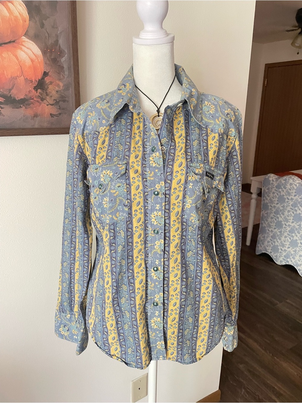 Lucky Brand Vintage 90s Y2K Floral Calico Striped Paisley Pearl Snap Western Top